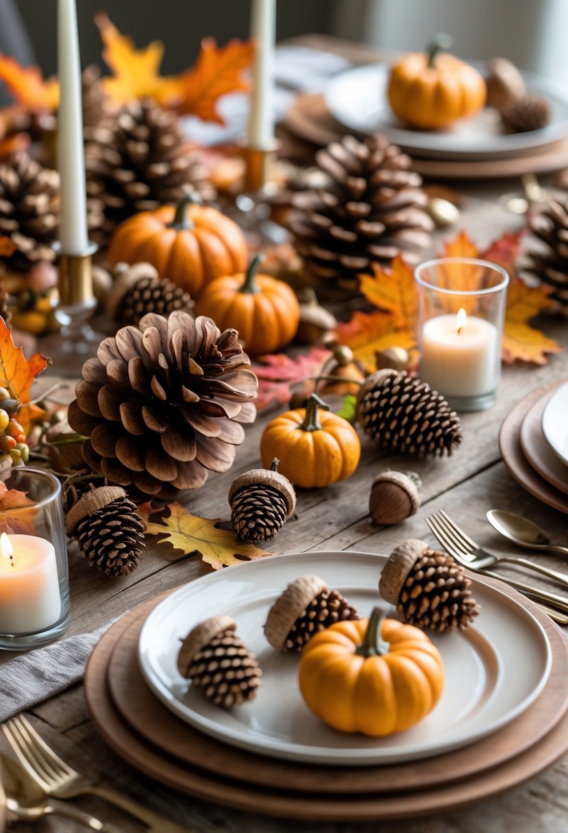 A Friendsgiving table decorated with scattered pinecones, acorns, small pumpkins, fall leaves, candles, and ceramic plates on a wooden surface.