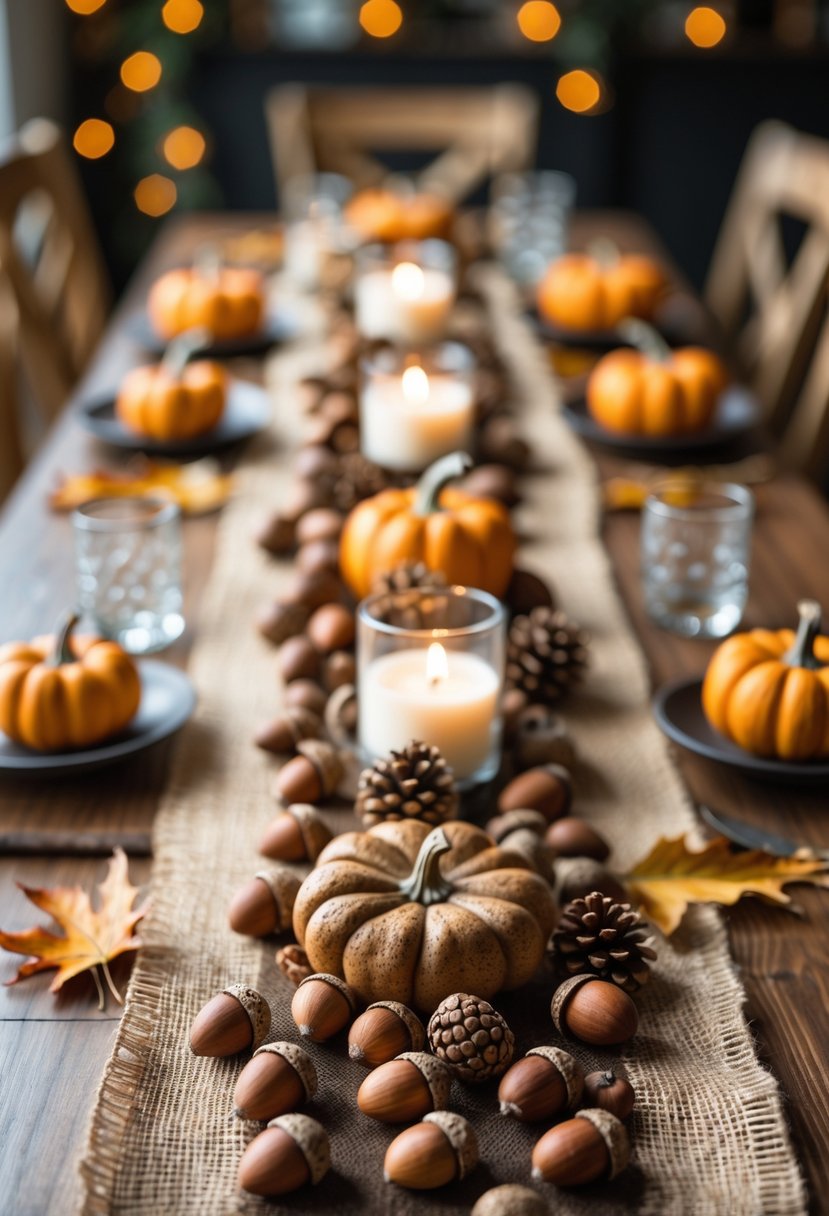 A Thanksgiving table centerpiece with acorns scattered on burlap, surrounded by small pumpkins, dried leaves, pine cones, and candles on a wooden table.