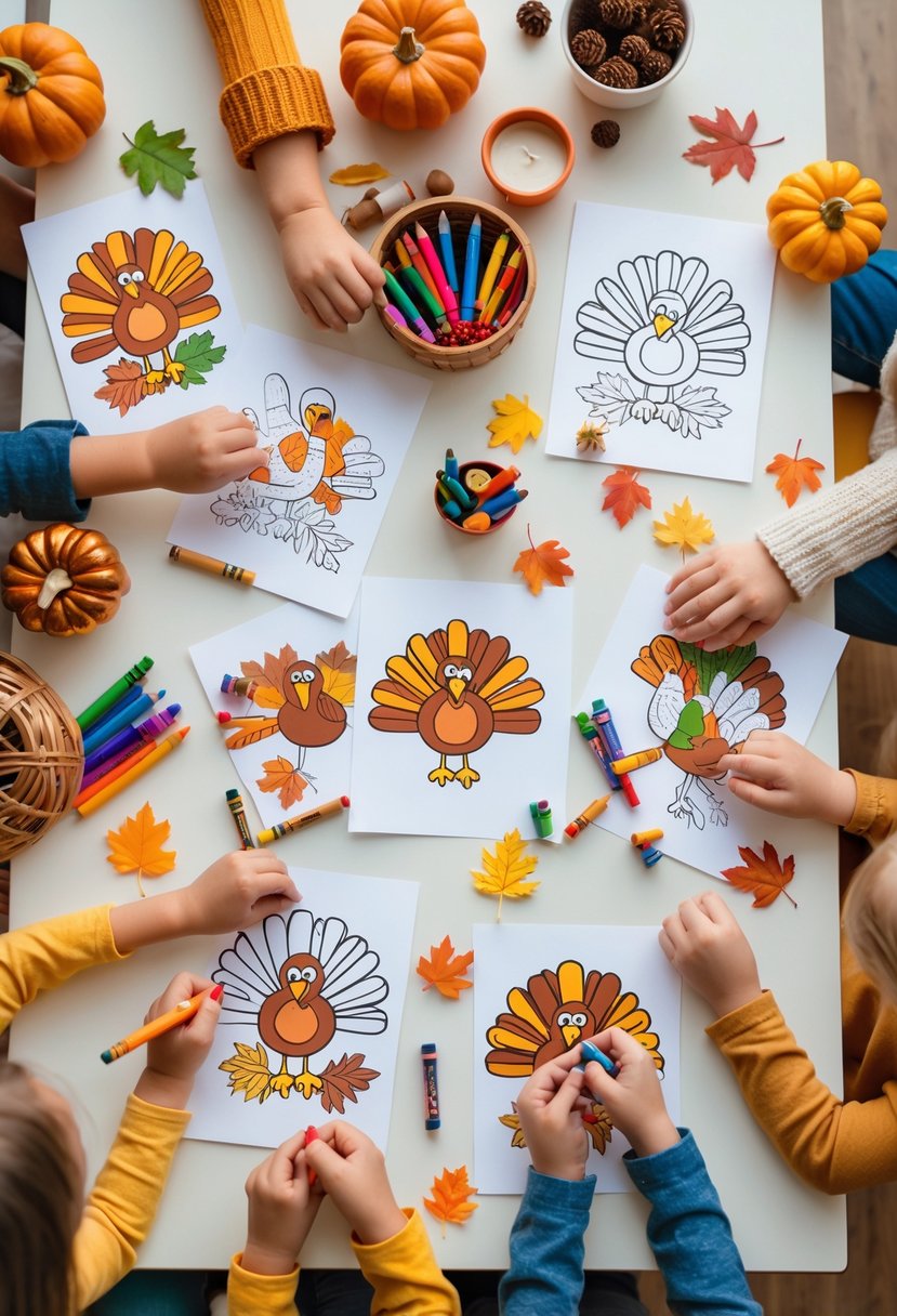A table with Thanksgiving-themed coloring pages and craft supplies being used by children and adults to create festive autumn decorations.
