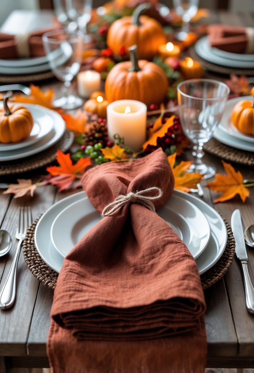 A dining table set with orange and burgundy linen napkins tied with twine, surrounded by autumn decorations and tableware.