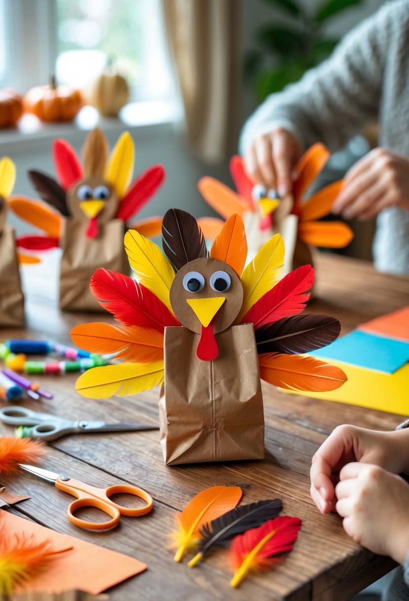 Colorful paper bag turkey puppets on a table with craft supplies and hands of people making them.