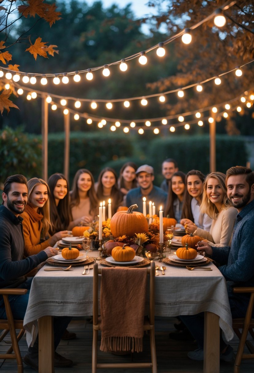 A group of friends gathered around a warmly decorated autumn table with string lights hanging above.