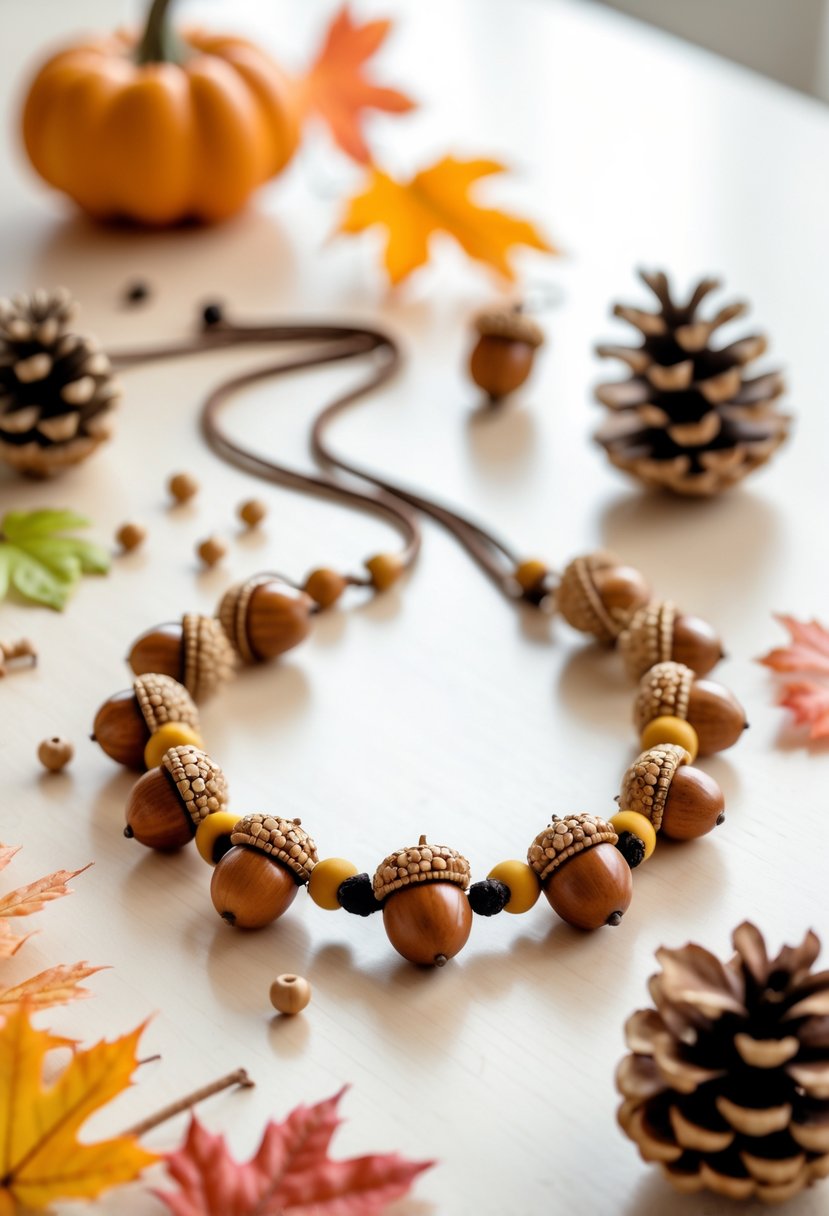 A handmade acorn necklace surrounded by crafting materials and autumn decorations on a wooden table.