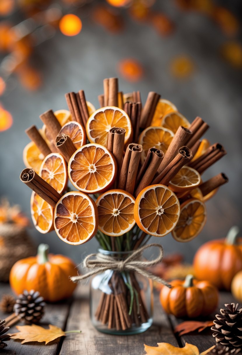 A bouquet made of dried orange slices and cinnamon sticks arranged on a wooden table with fall decorations around it.