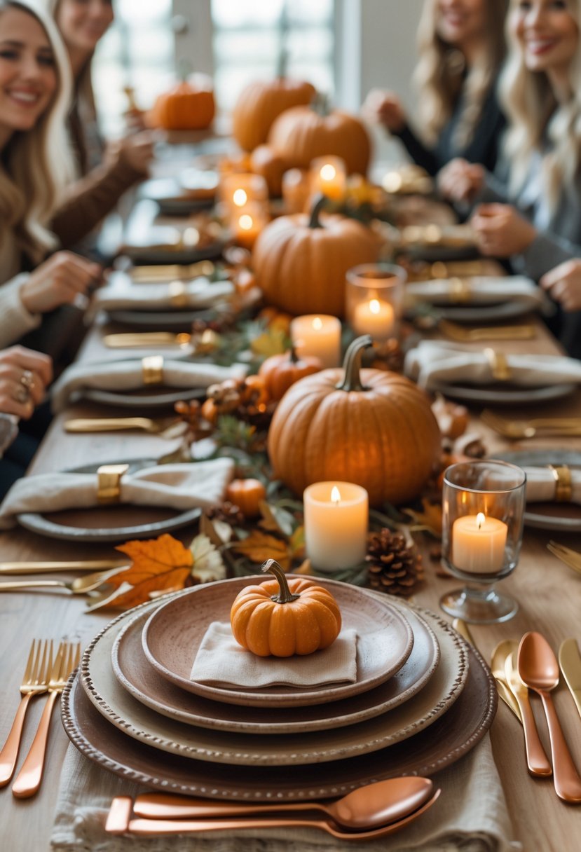 A festive table set for Friendsgiving with warm-toned metallic flatware, autumn decorations, and cozy place settings.