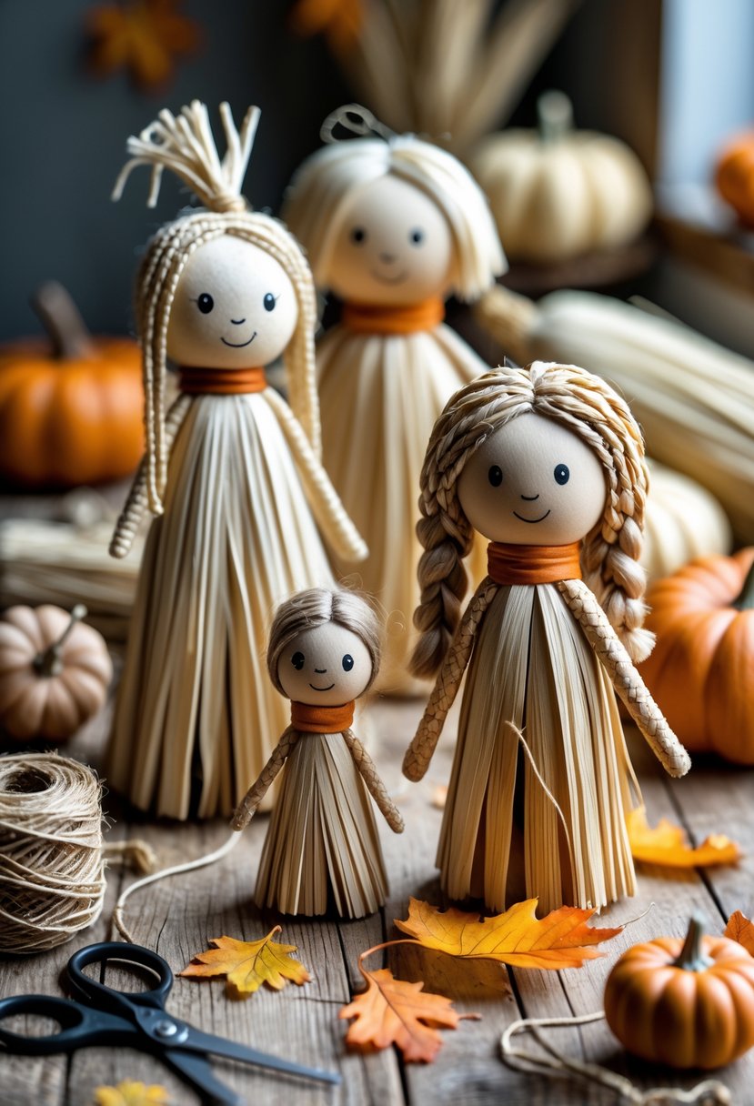 A collection of handmade corn husk dolls on a wooden table surrounded by craft materials and autumn leaves.