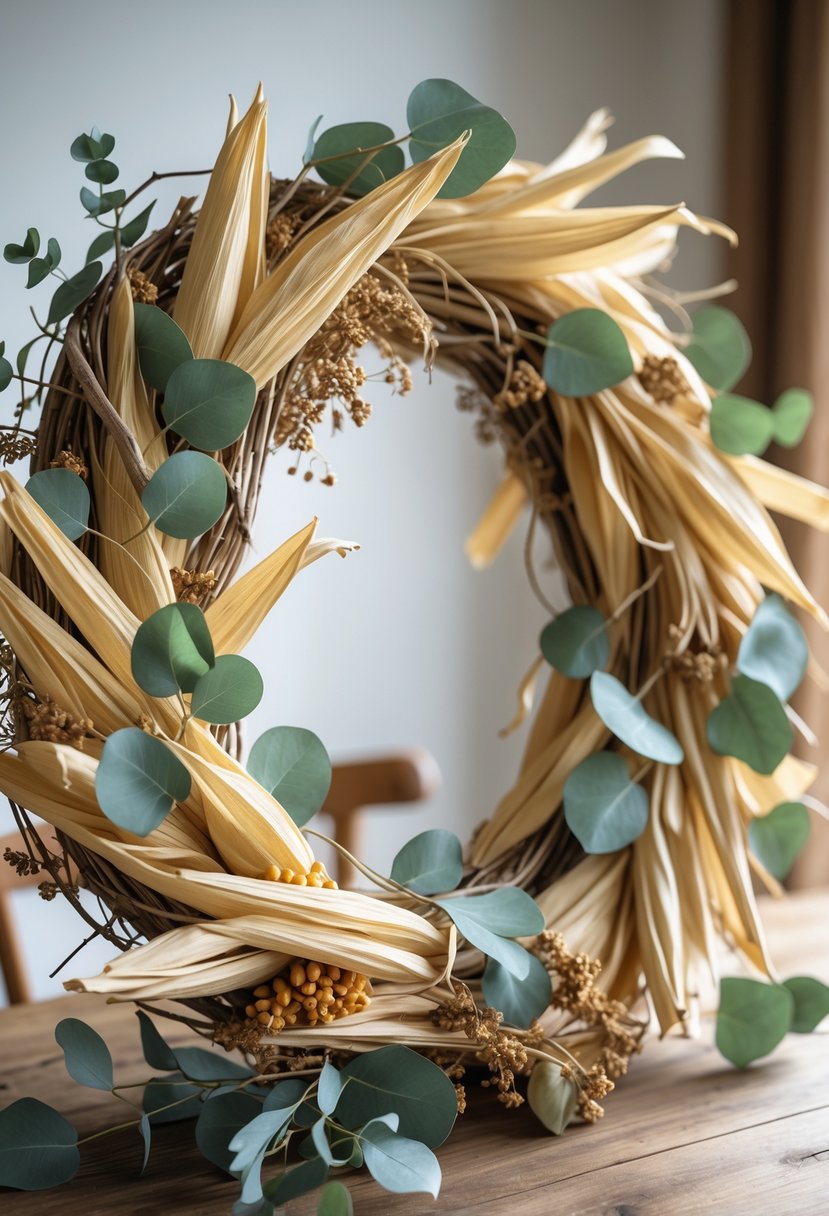 A circular wreath made of dried corn husks and eucalyptus leaves placed on a wooden table.