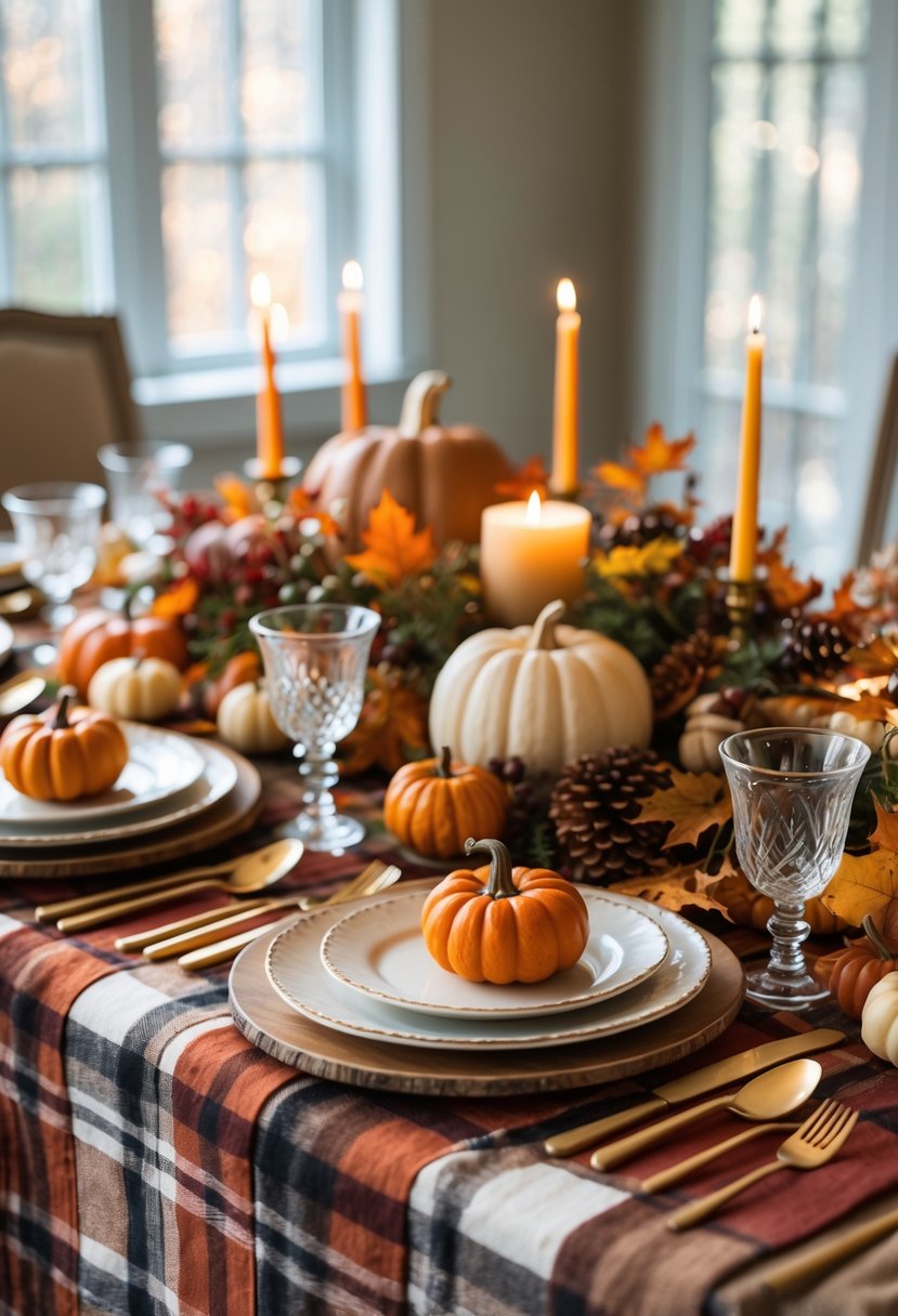 A cozy dining table set for Friendsgiving with a plaid tablecloth, autumn decorations, candles, and place settings for a friendly gathering.