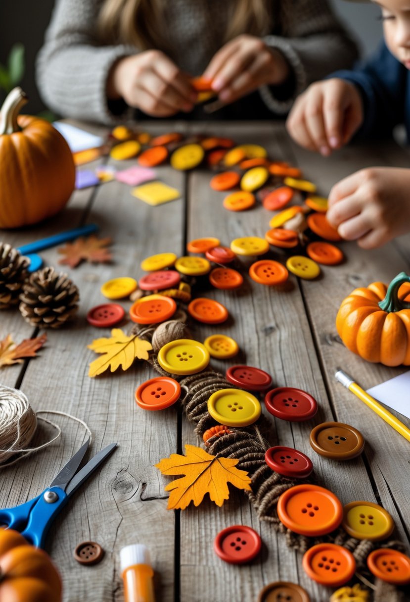 Children and adults making a colorful button leaf garland surrounded by crafting supplies and autumn decorations on a wooden table.