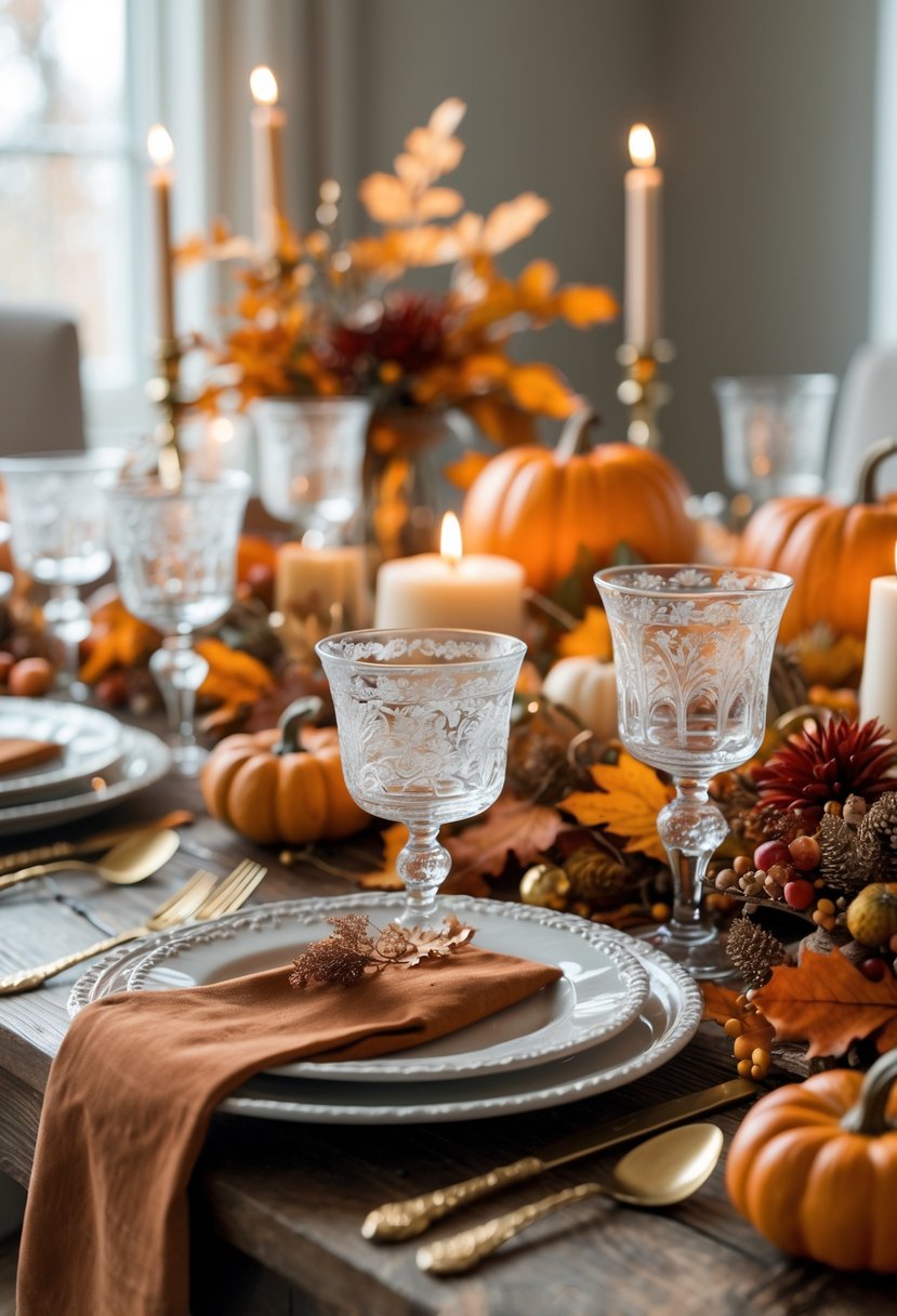 A Friendsgiving table set for 15 guests with vintage etched glassware, autumn decorations, and warm lighting.