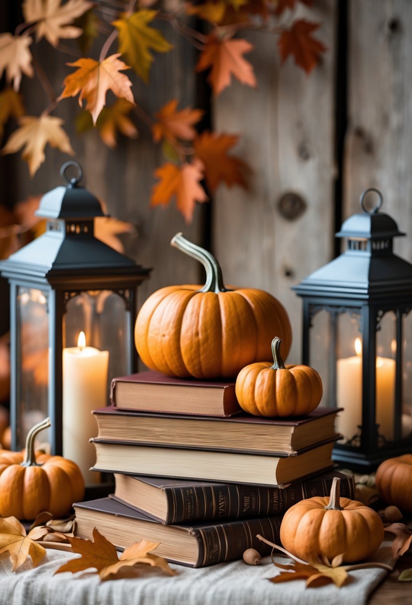 Stacked books with pumpkins and glowing lanterns arranged as a Thanksgiving centerpiece.