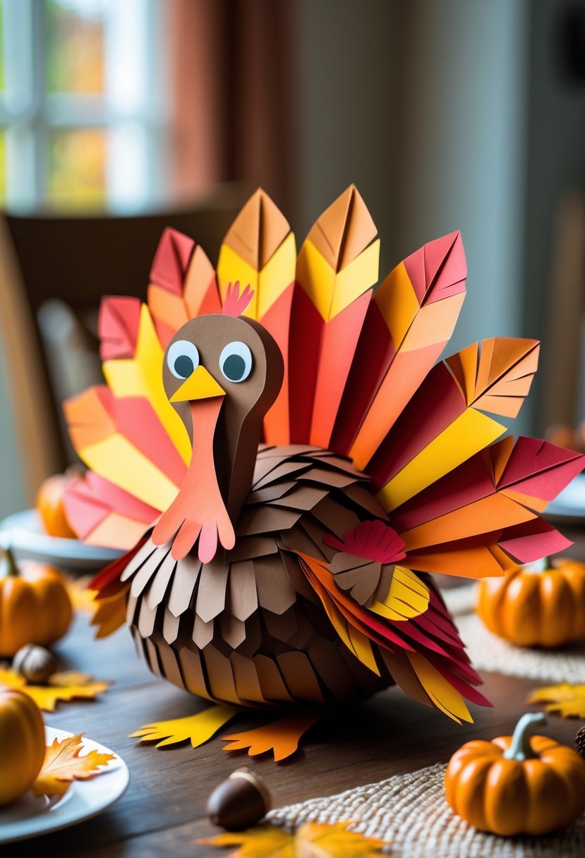 A colorful 3D paper turkey centerpiece on a wooden table surrounded by small pumpkins and fall leaves.