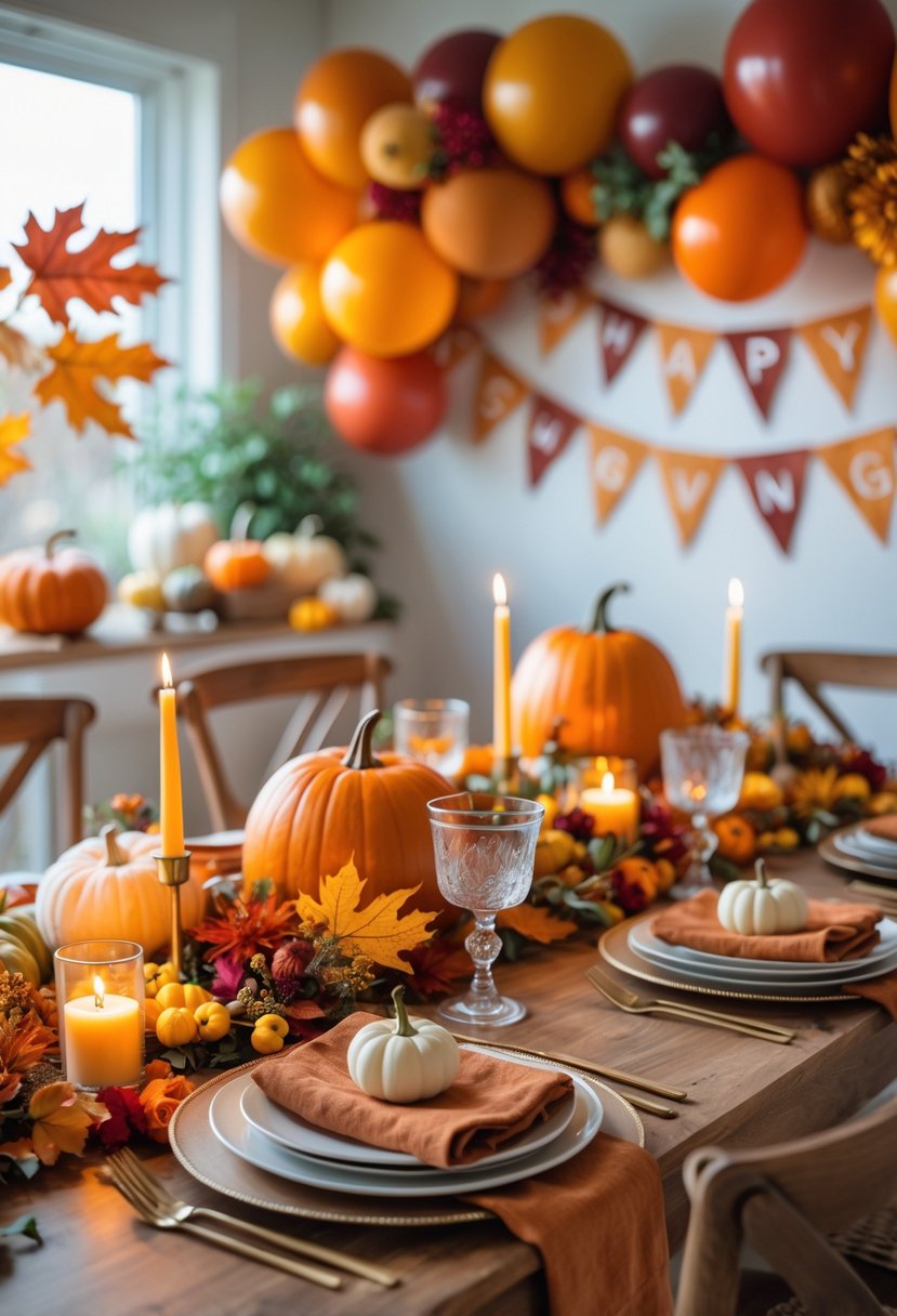 A festive Friendsgiving table decorated with autumn leaves, pumpkins, candles, and a colorful balloon banner in the background.