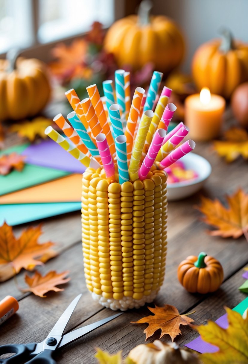 A decorated corn on the cob with colorful paper straws surrounded by craft supplies and autumn decorations on a wooden table.