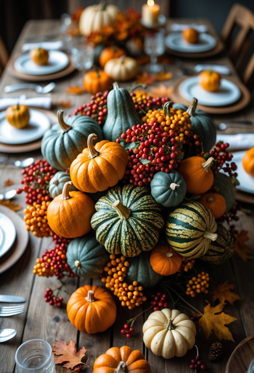 A cornucopia centerpiece filled with gourds and berries on a wooden dining table set for a Friendsgiving meal.