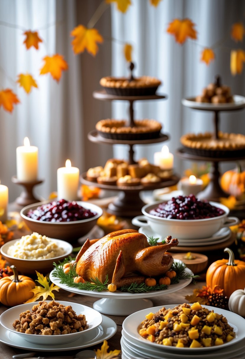 Thanksgiving buffet table with layered cake stands and tiered trays displaying traditional dishes and seasonal decorations.