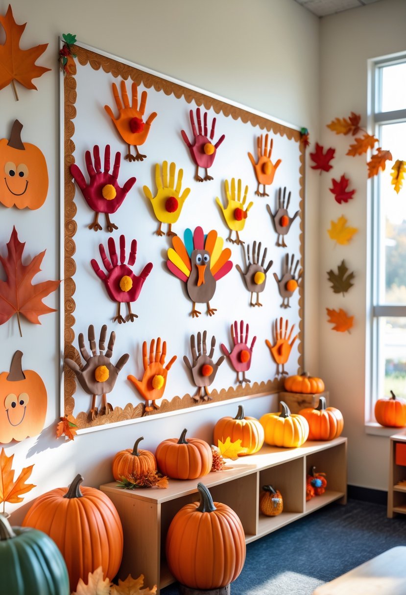 Classroom wall decorated with colorful turkey handprint art and fall-themed crafts for Thanksgiving.