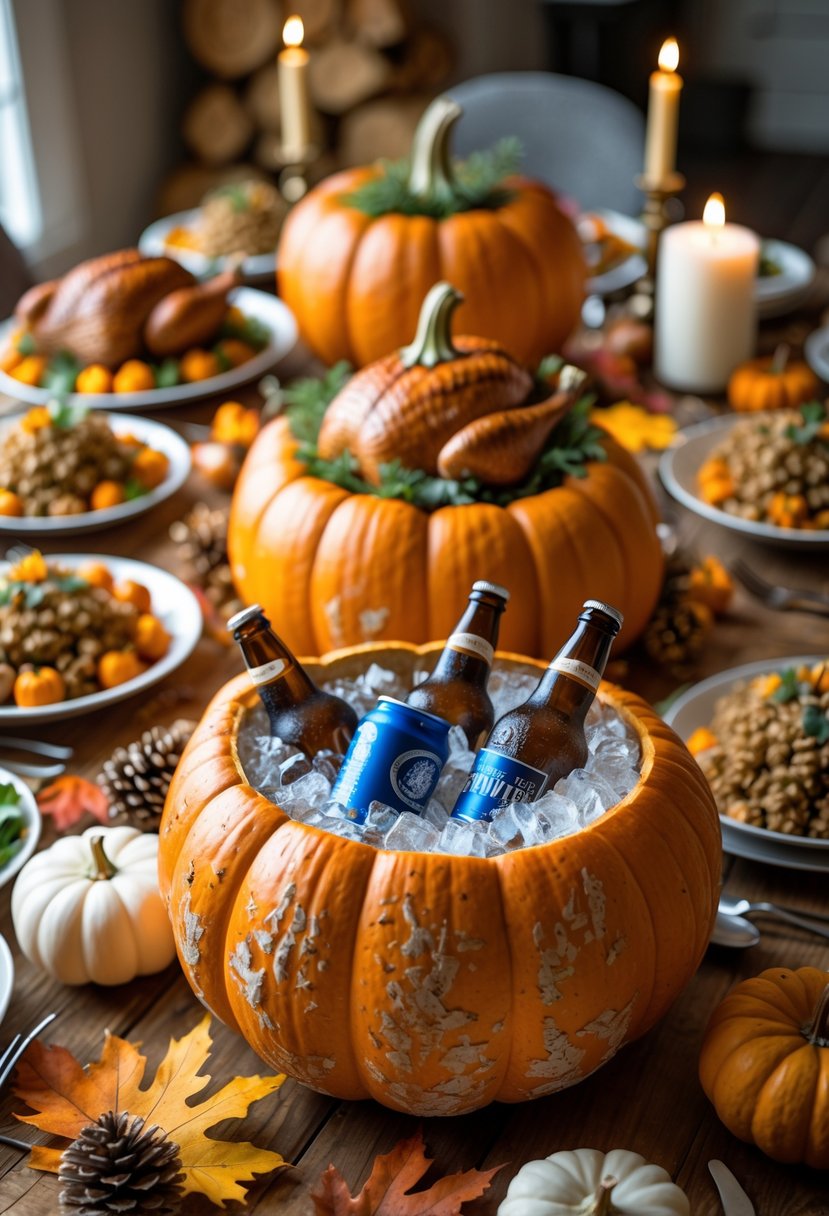Thanksgiving buffet table with rustic pumpkins used as ice buckets holding chilled drinks, surrounded by seasonal dishes and autumn decorations.