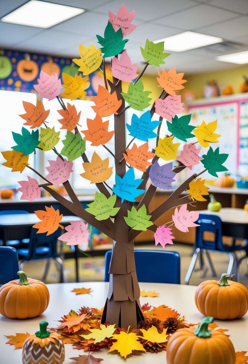 A classroom with a gratitude tree decorated with colorful paper leaves and Thanksgiving decorations.