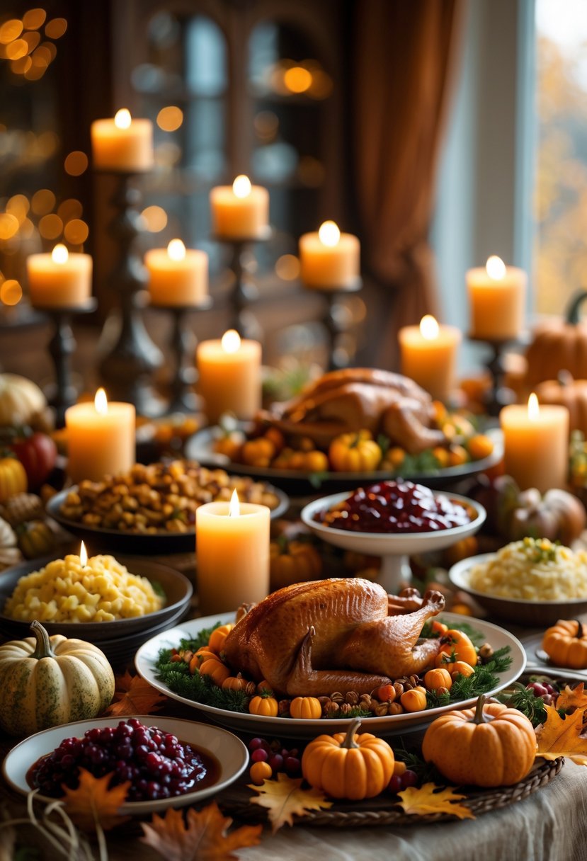A Thanksgiving buffet table with traditional dishes and flameless candles creating a warm, inviting atmosphere.