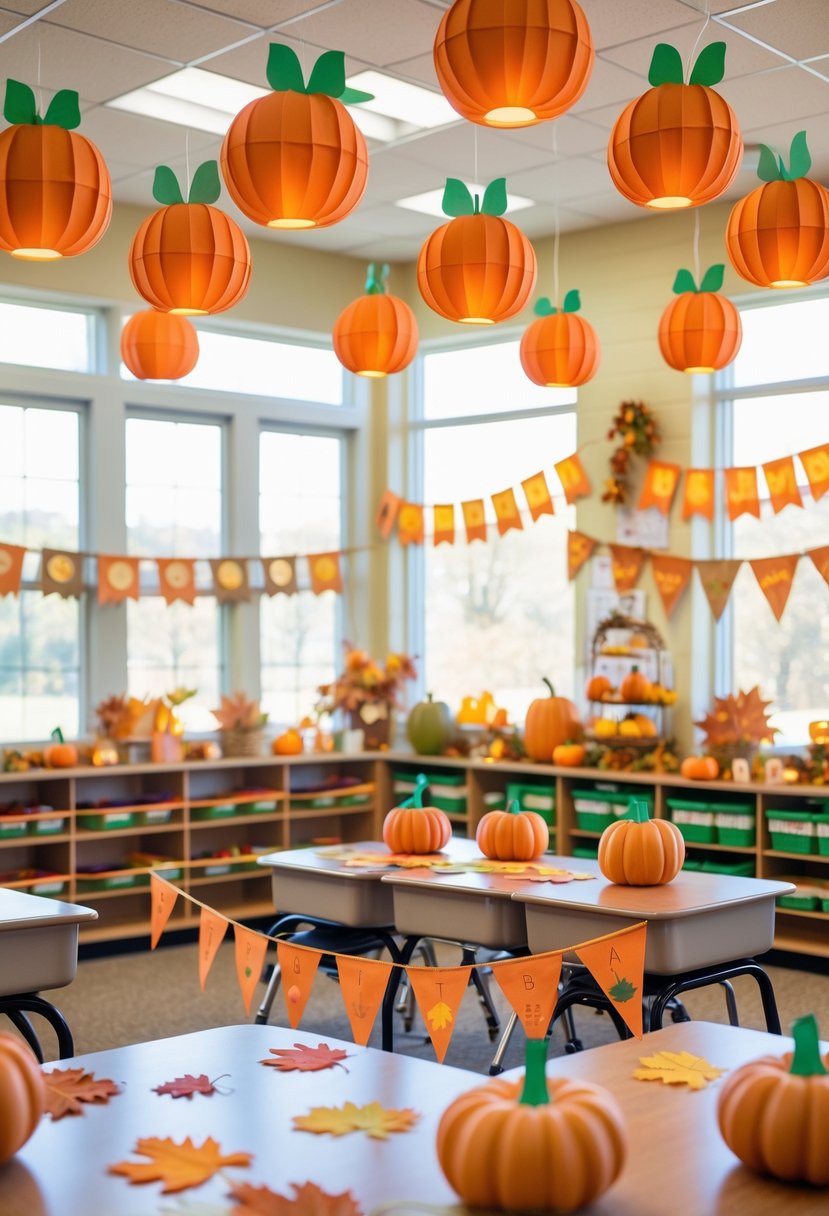 A classroom decorated with 15 hanging orange pumpkin paper lanterns and autumn-themed decorations for a Thanksgiving party.