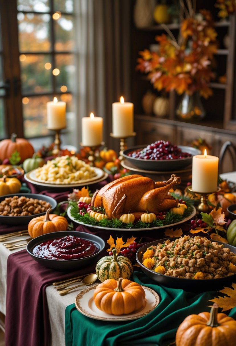 A Thanksgiving buffet table with deep burgundy and emerald green linens, decorated with autumn dishes, pumpkins, and candles.