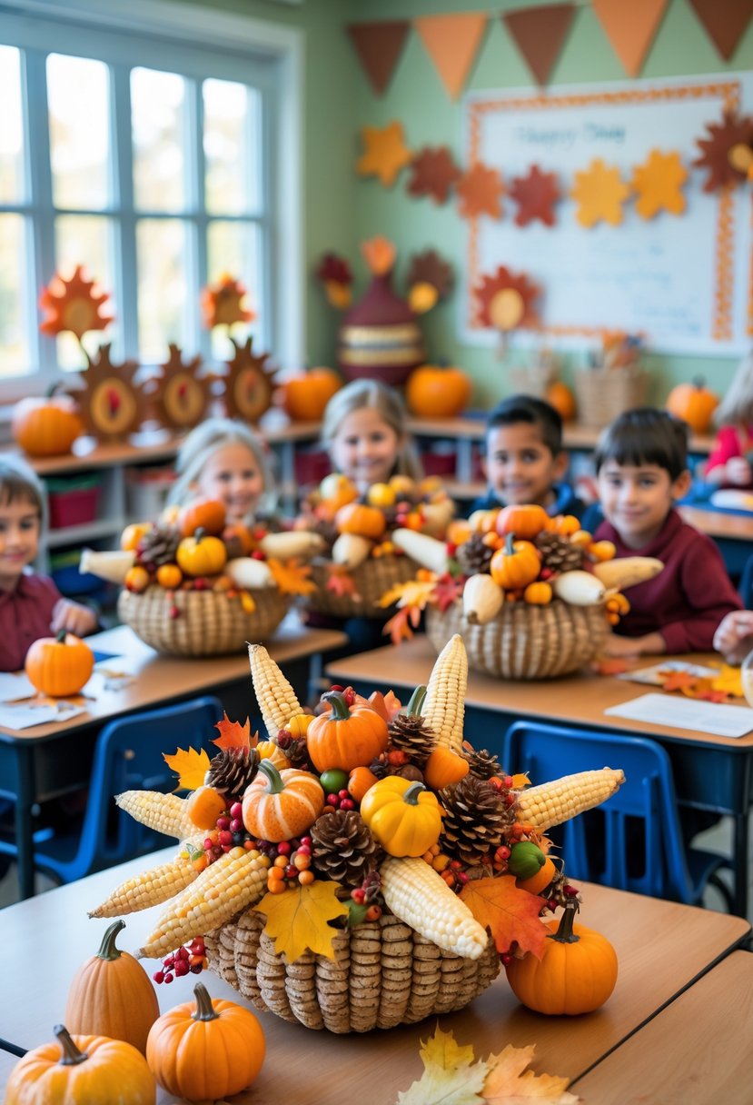 A classroom decorated for Thanksgiving with cornucopia centerpieces filled with autumn harvest items on desks and tables, surrounded by children celebrating.