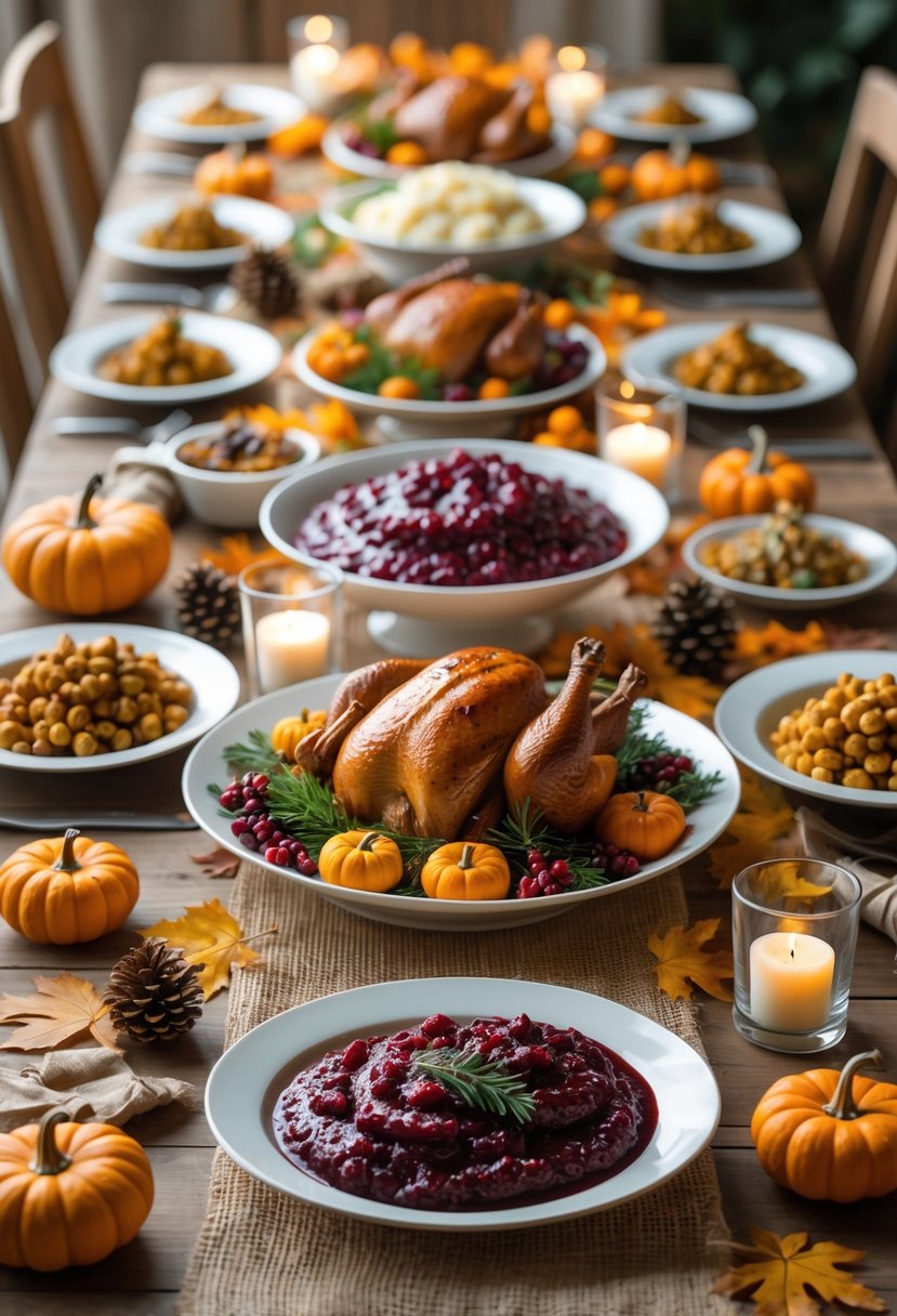 A Thanksgiving buffet table with a burlap table runner, decorated with autumn dishes, pumpkins, candles, and seasonal decorations.