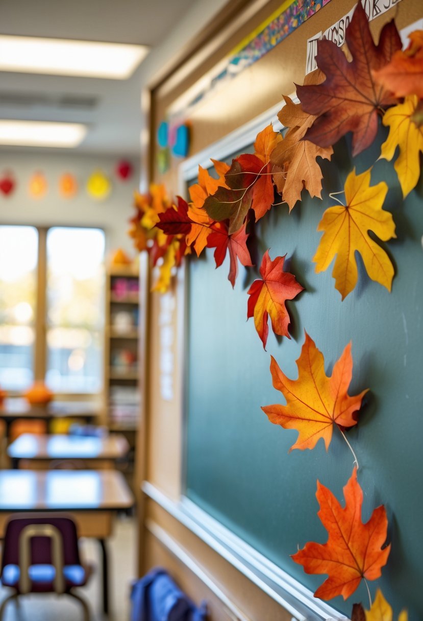 A classroom decorated with a colorful fall leaf garland hanging above a bulletin board.