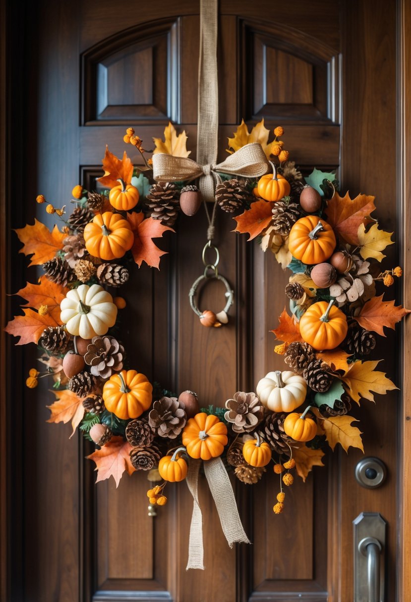A Thanksgiving door wreath decorated with mini pumpkins, autumn leaves, pinecones, and ribbons hanging on a wooden door.
