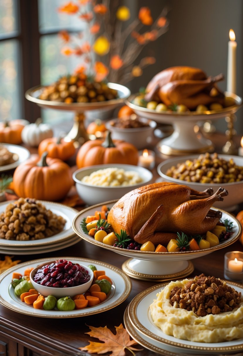 A Thanksgiving buffet table with elegant serving platters holding traditional holiday dishes and autumn decorations.