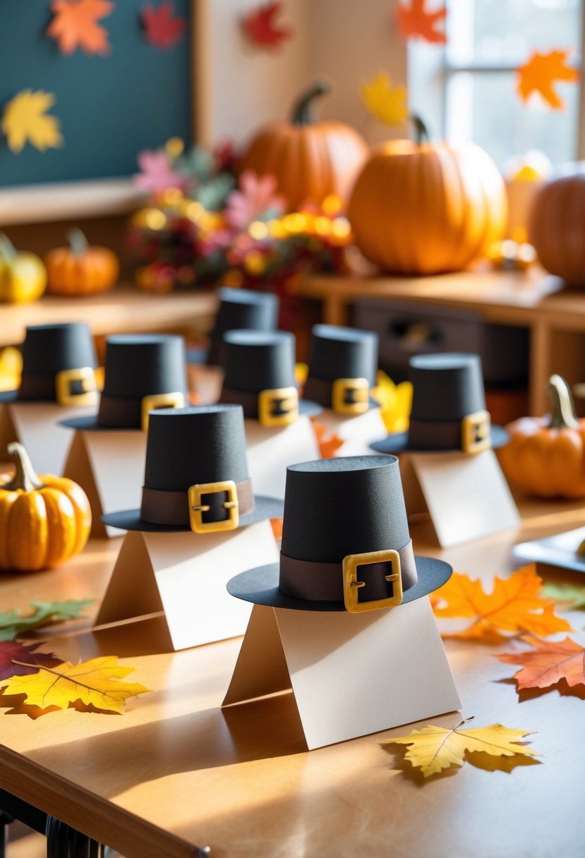 A classroom table decorated with pilgrim hat place cards and autumn-themed Thanksgiving decorations including pumpkins and colorful leaves.