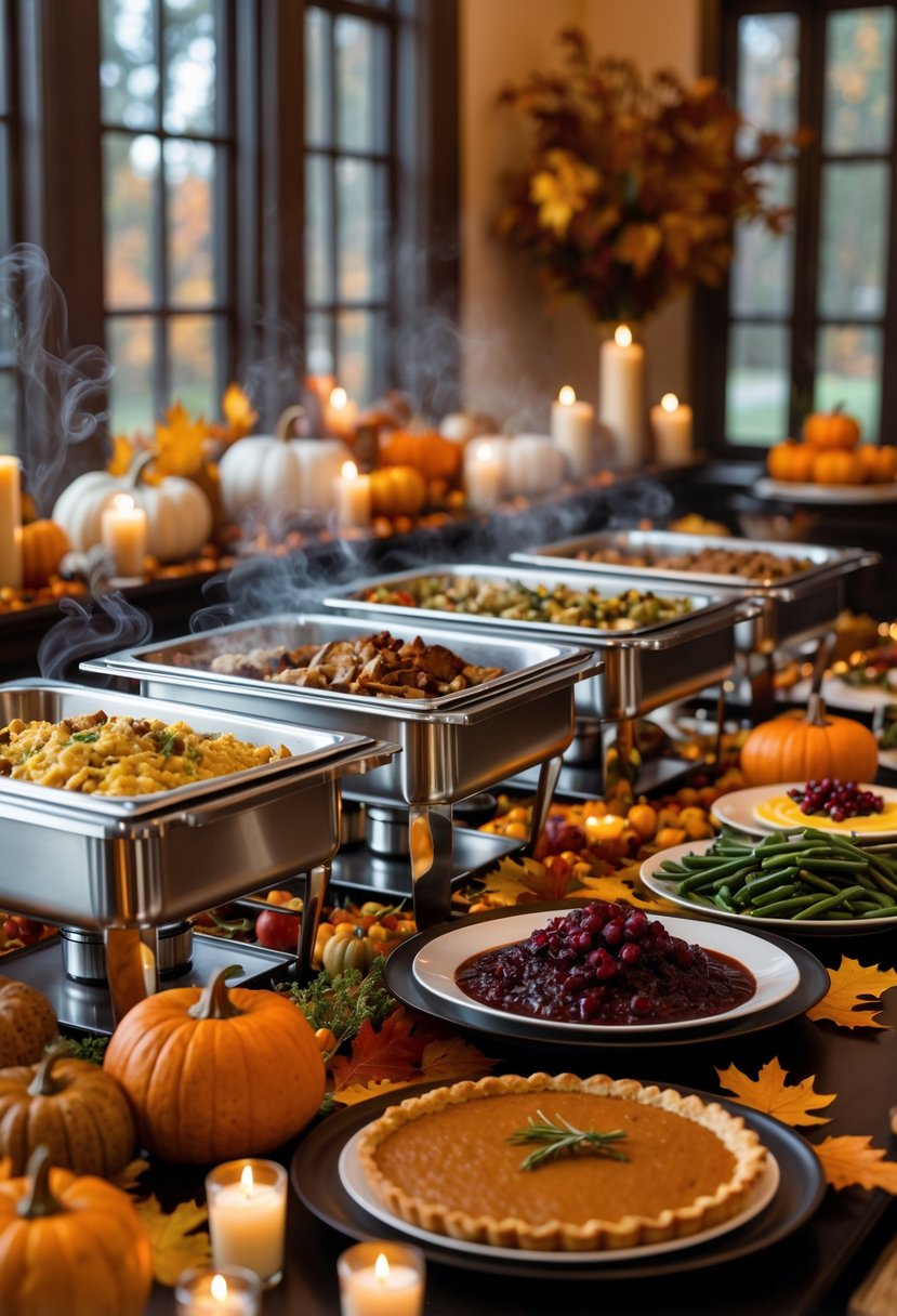 A Thanksgiving buffet table with chafing dishes holding warm food and separate platters with cold dishes, decorated with fall-themed items.