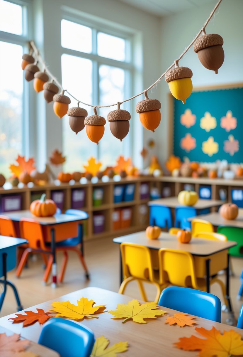 Classroom decorated with an acorn garland and Thanksgiving crafts, featuring colorful desks and autumn-themed decorations.