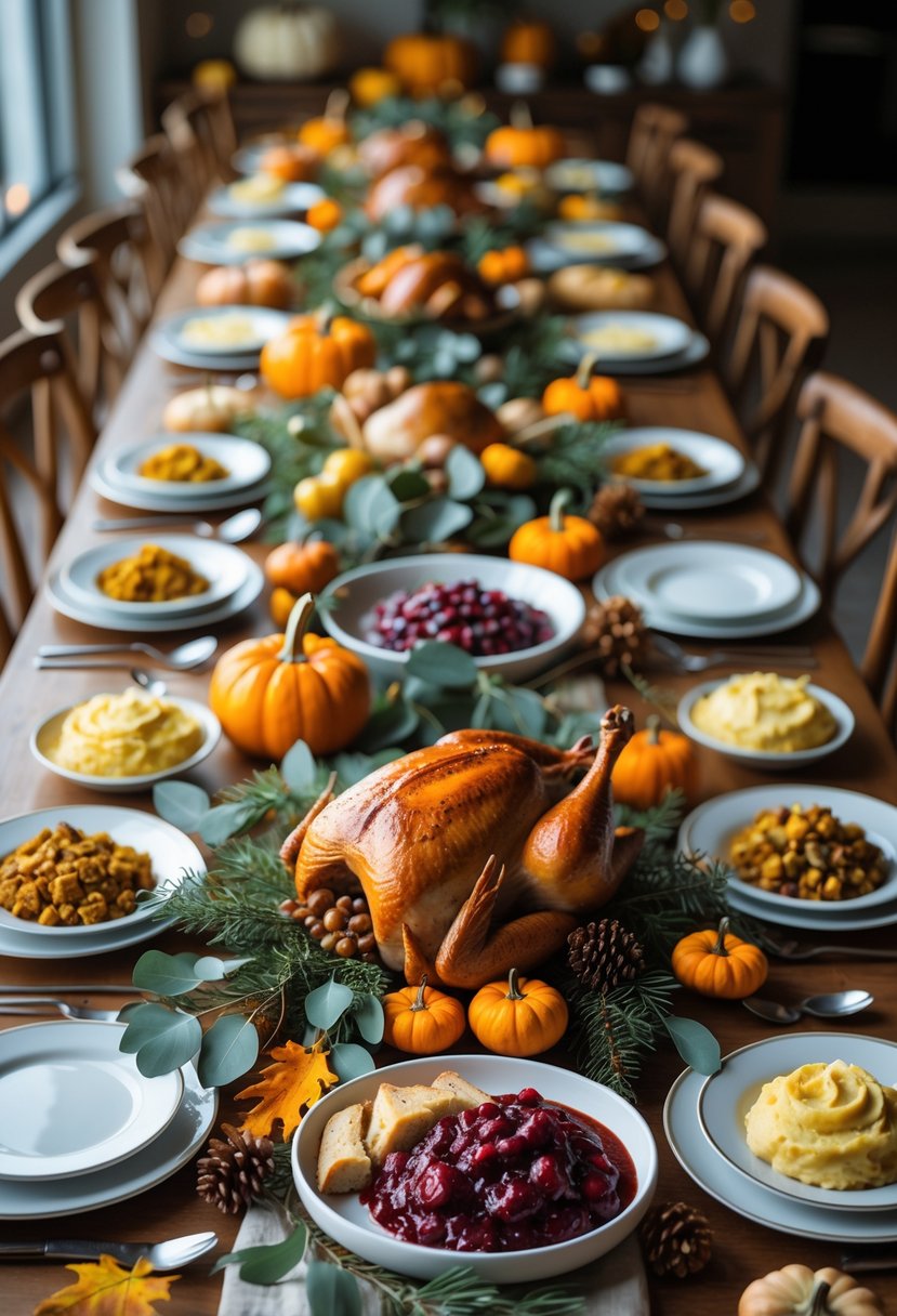 A Thanksgiving buffet table decorated with seasonal greenery, pumpkins, and a variety of traditional dishes.