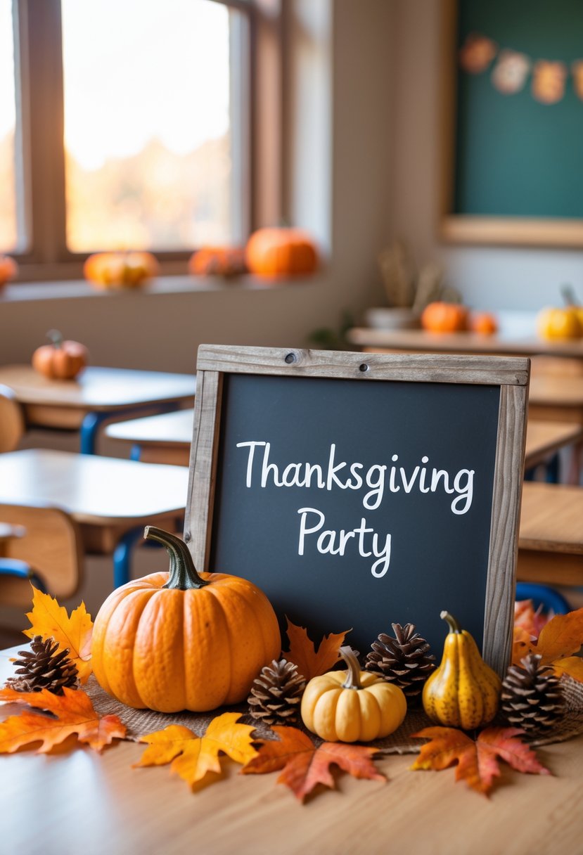 A small pumpkin next to a blank chalkboard sign surrounded by autumn decorations on a classroom desk.