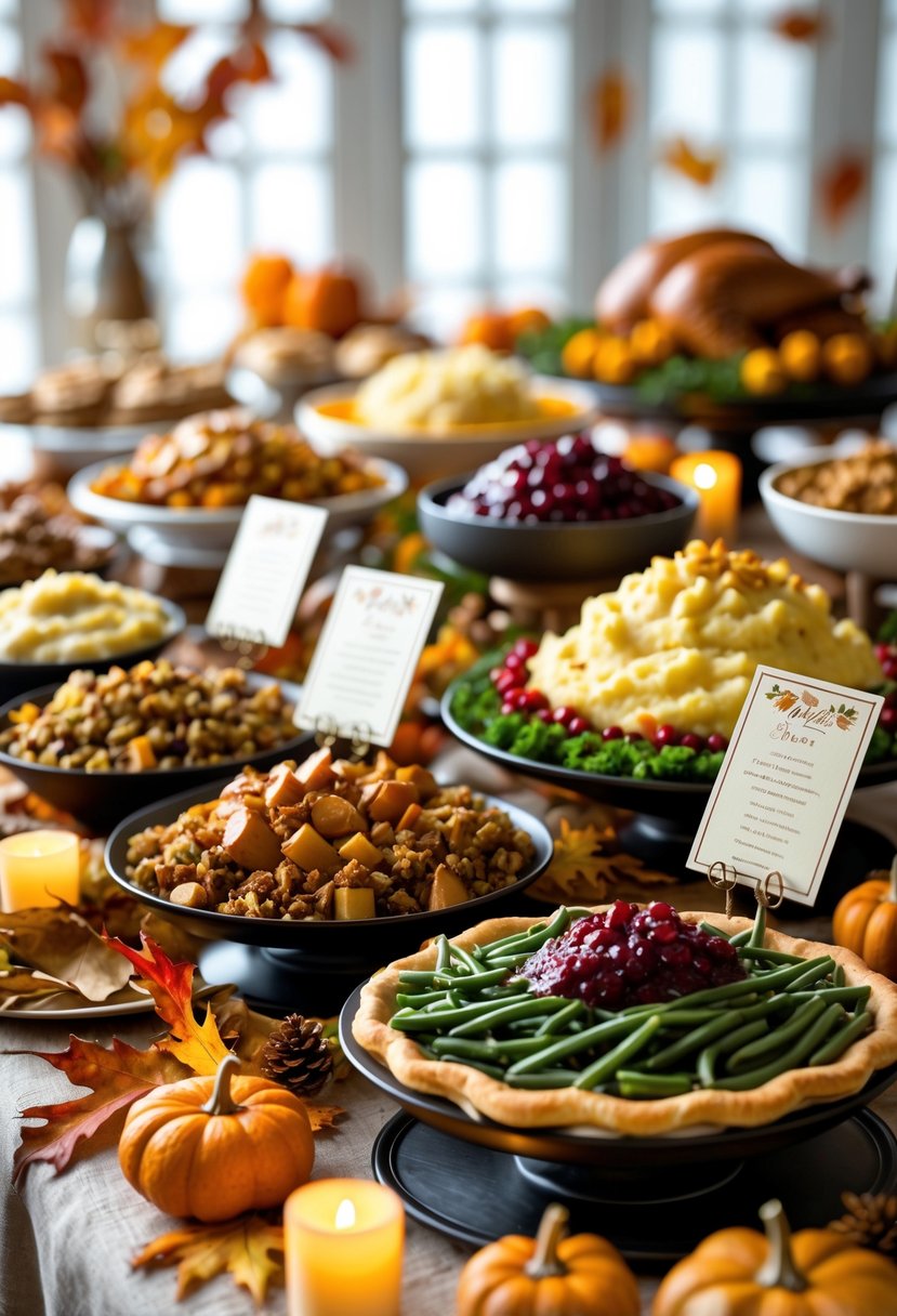 A Thanksgiving buffet with multiple food stations featuring traditional dishes and handwritten menu cards at each station, decorated with autumn-themed items.