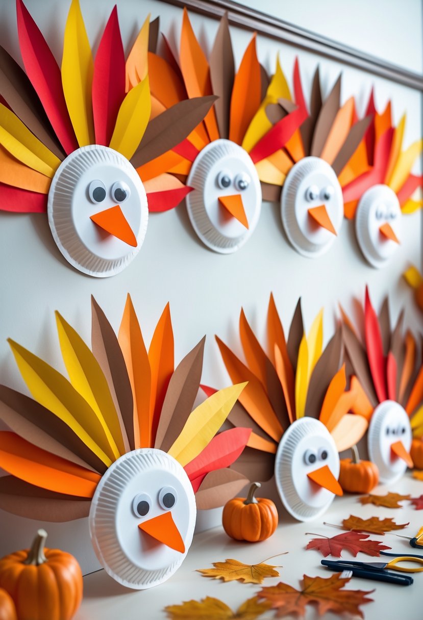 A classroom table and wall decorated with colorful paper plate turkey masks and fall-themed decorations for Thanksgiving.
