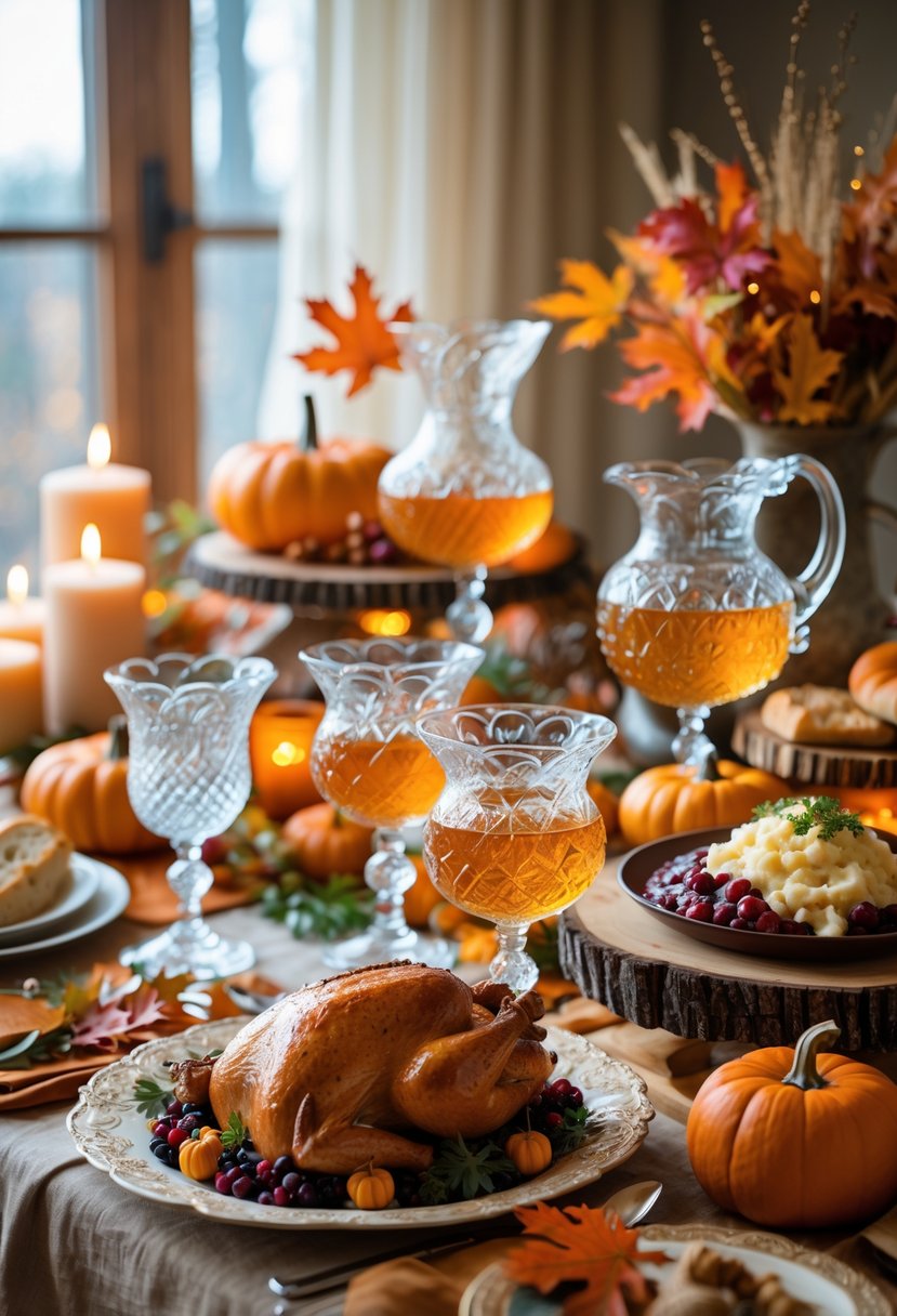 A Thanksgiving buffet table with vintage glassware, seasonal decorations, and a variety of traditional holiday dishes arranged invitingly.