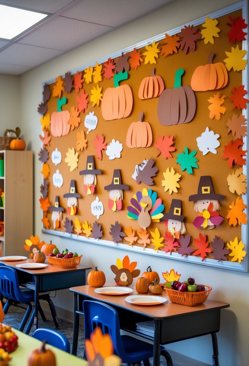 Classroom bulletin board decorated with pumpkins, turkeys, autumn leaves, and handmade crafts for a Thanksgiving party.