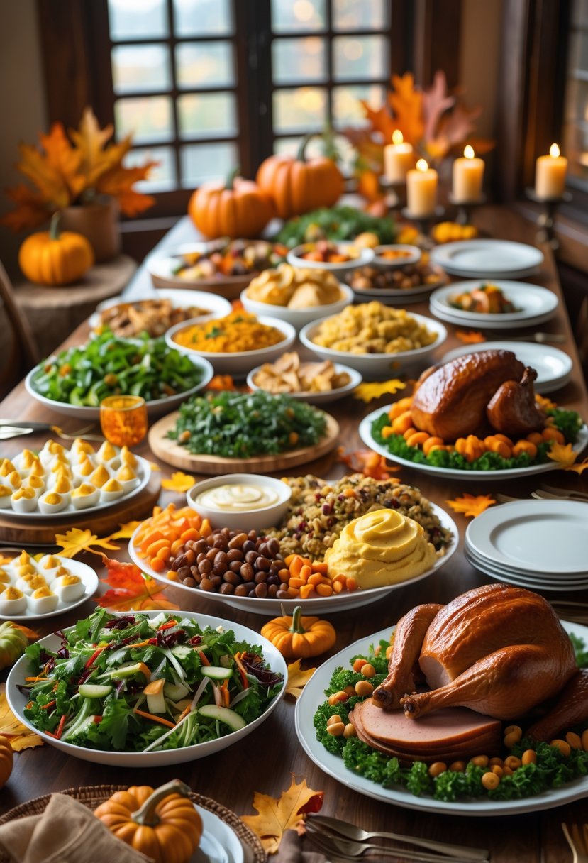 A Thanksgiving buffet table arranged with dishes from light salads and appetizers to heavier main courses like turkey and casseroles, decorated with autumn-themed accents.