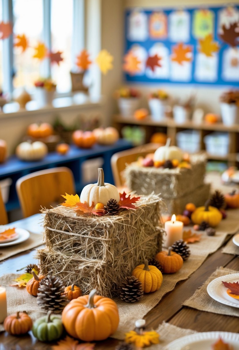 A classroom table decorated with small hay bales, pumpkins, fall leaves, and autumn-themed decorations for a Thanksgiving party.
