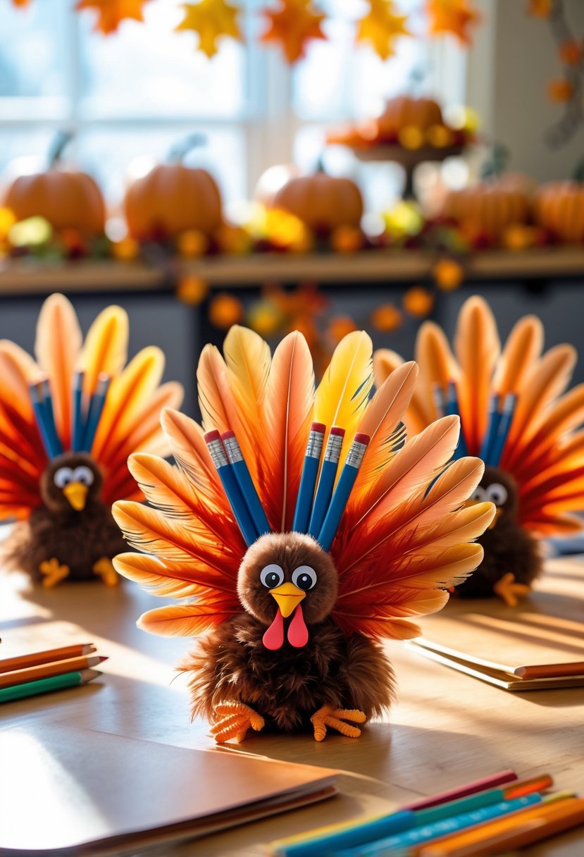A classroom desk with colorful turkey feather pencil holders filled with pencils and markers, surrounded by Thanksgiving decorations.