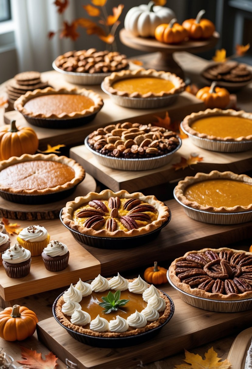 A Thanksgiving buffet table displaying various pies and desserts arranged on wooden cutting boards with autumn decorations in the background.