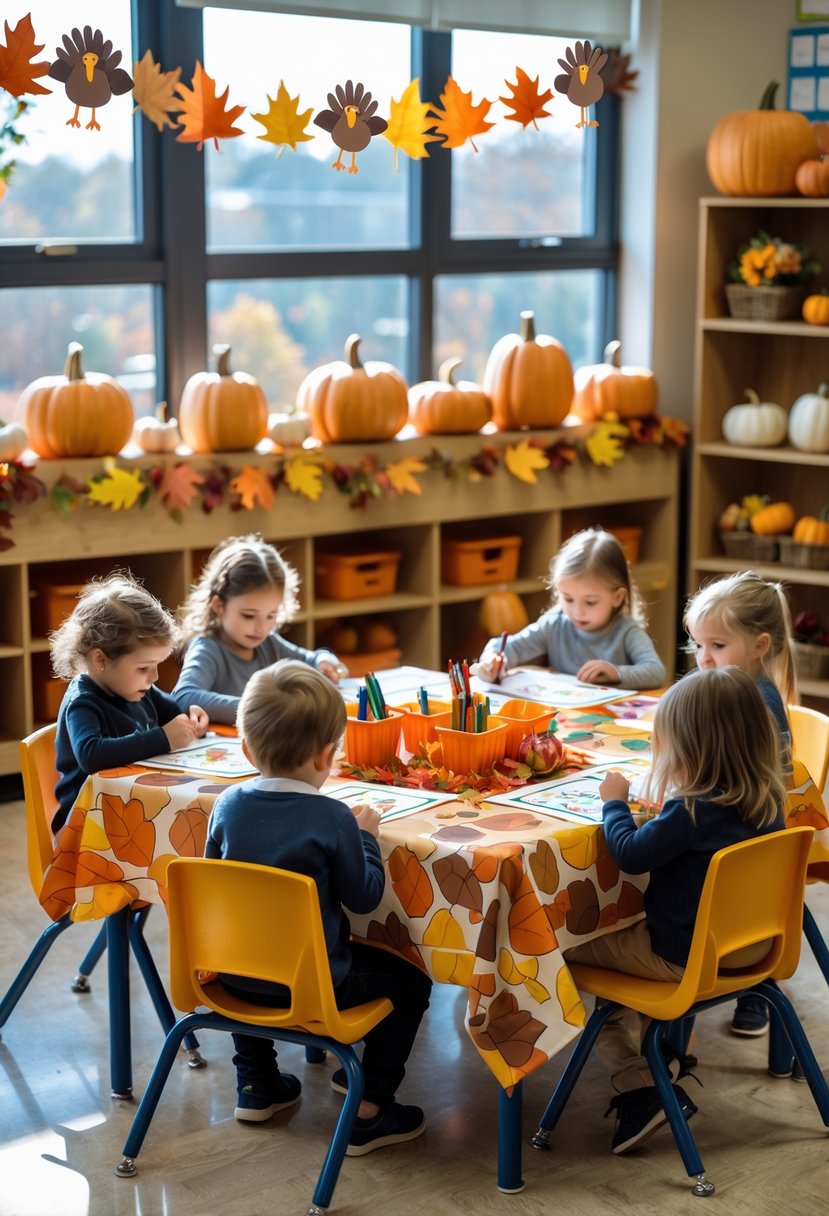 Children coloring Thanksgiving-themed pictures at a decorated classroom table with fall decorations and pumpkins nearby.