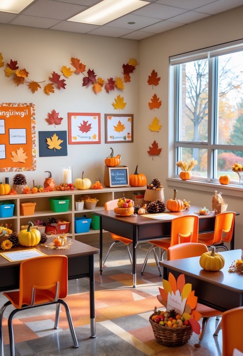 Classroom decorated with Thanksgiving-themed items like paper turkeys, autumn leaves, pumpkins, and festive centerpieces on tables and shelves.