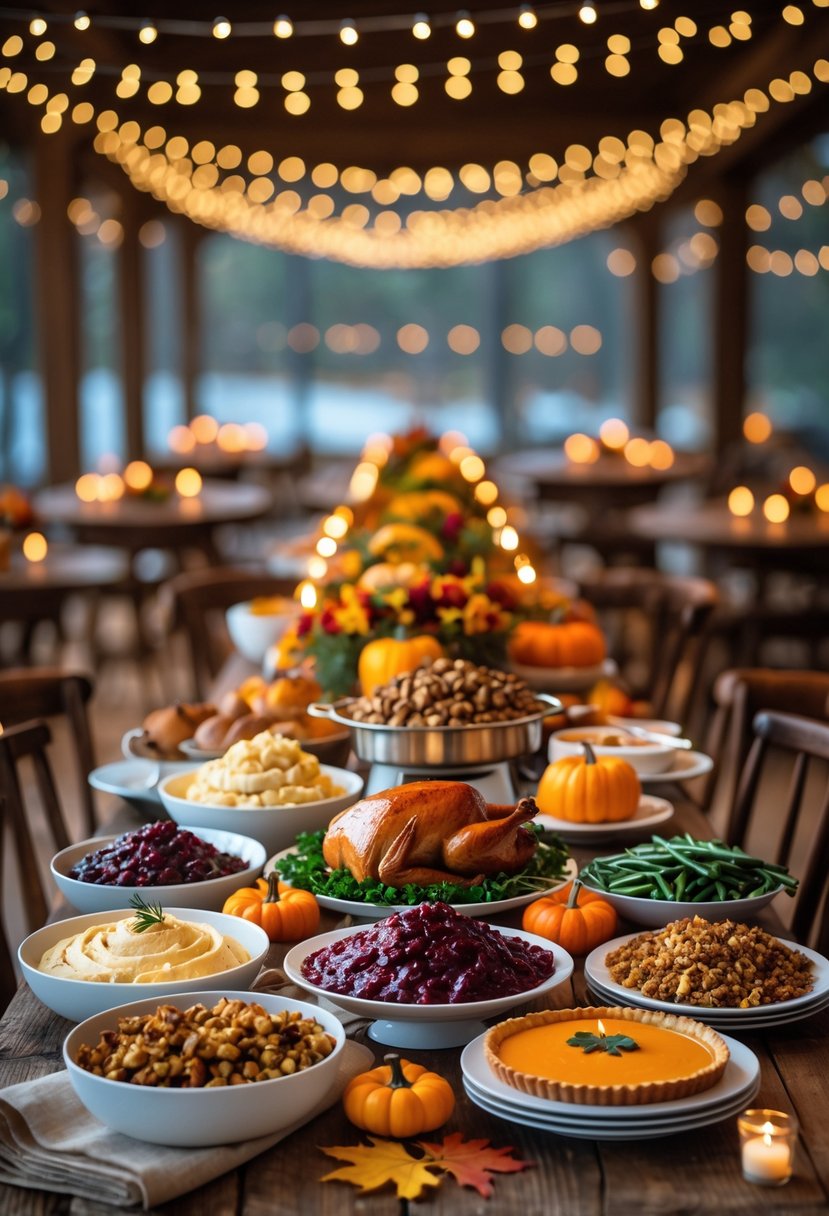 A Thanksgiving buffet table with warm string lights overhead, featuring traditional dishes and autumn decorations in a cozy dining setting.