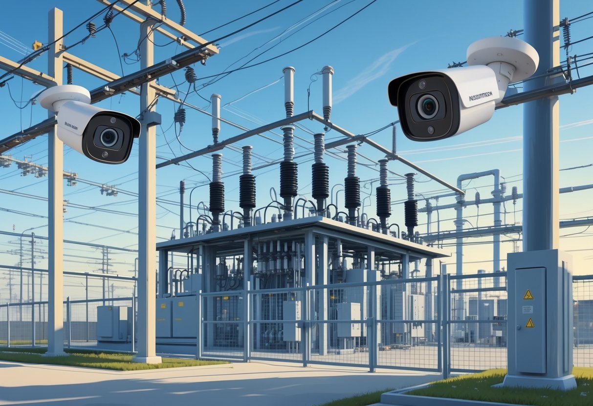 Electrical substation protected by multiple security cameras mounted on poles and buildings.