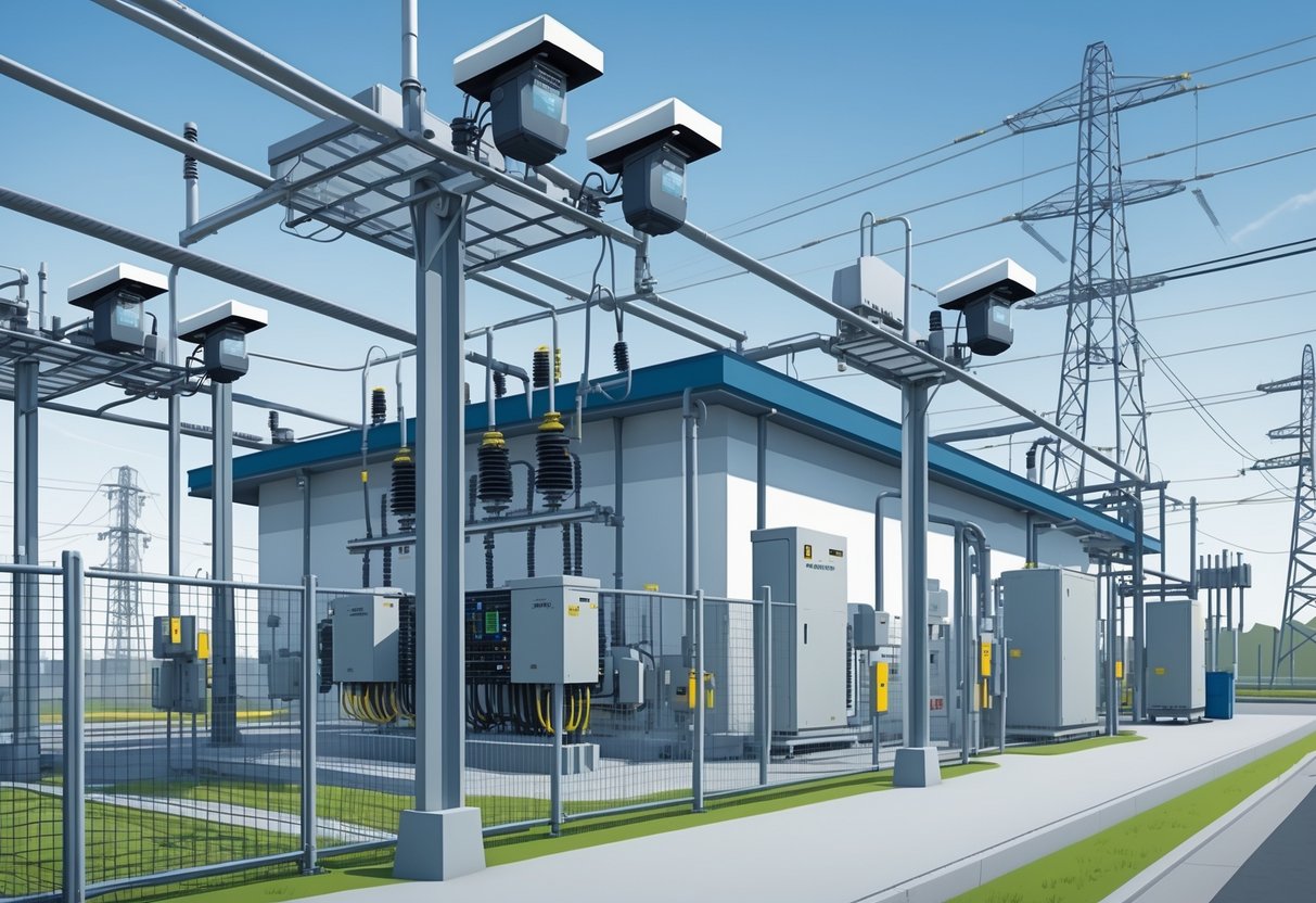 An electrical substation with transformers and power lines monitored by multiple security cameras mounted around the facility.