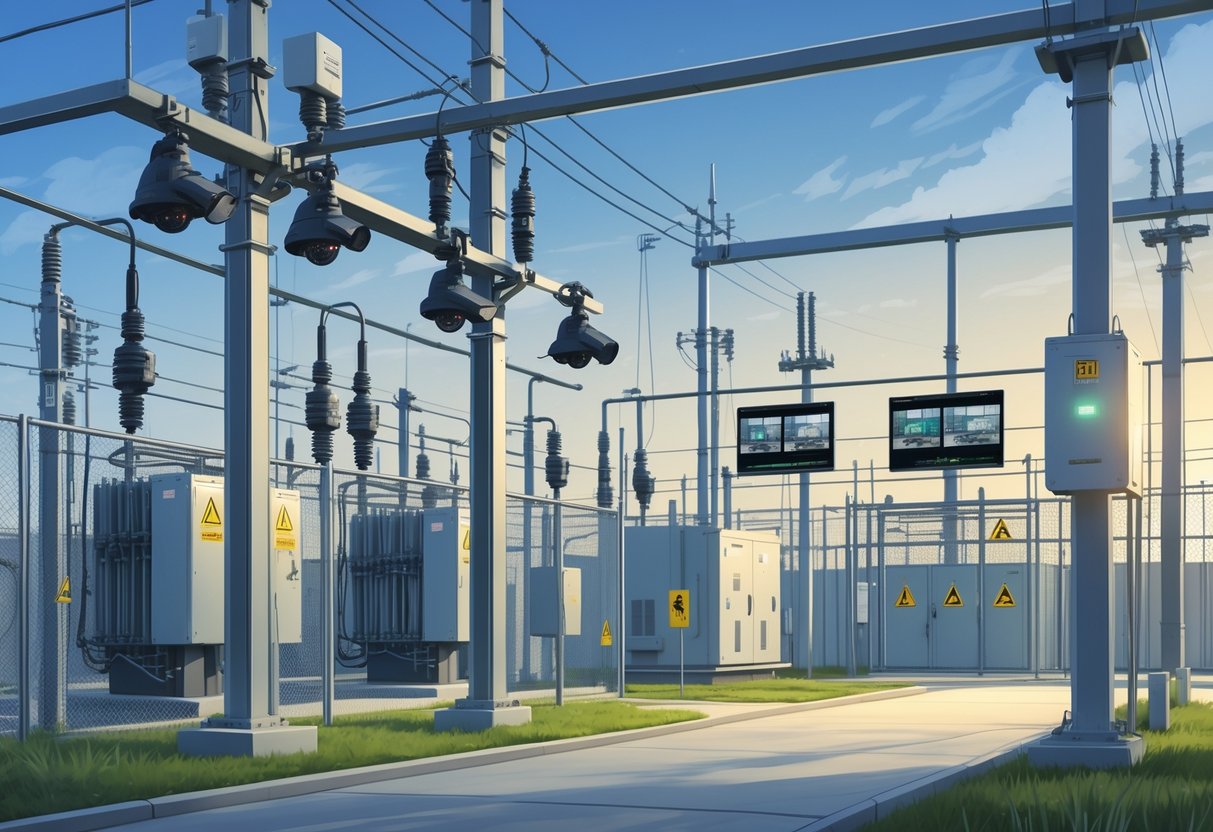 An electrical substation secured by multiple video surveillance cameras mounted around its perimeter, with a security control room displaying live video feeds in the background.